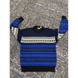 Pine Grove Mens Blue Black Fair Isle Acrylic Knit Crewneck Sweater Large Vintage
